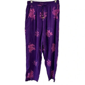 OK‎ Mike Jogger Pants One Size Purple Floral Rayon Boho Coin Drawstring Hibiscus